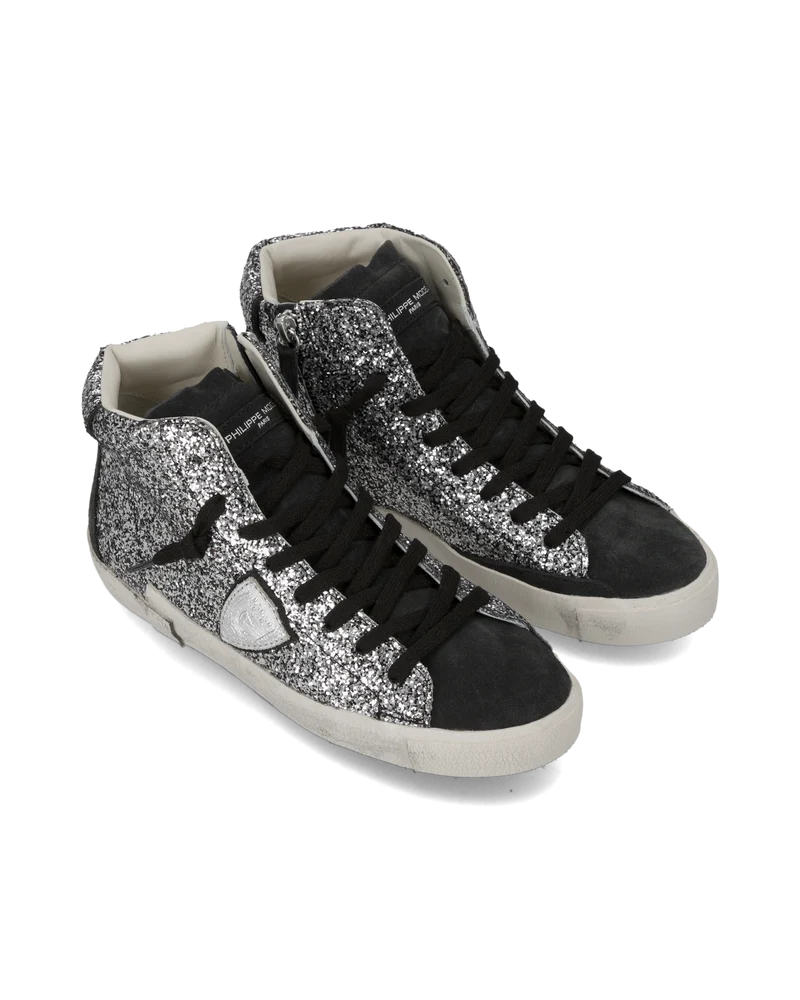 Sneakers Prsx High Women with Glitter Upper, Black Silver
