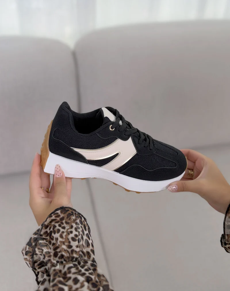 Baskets femme noires tendance à bandes blanches dorées et plateforme épaisse