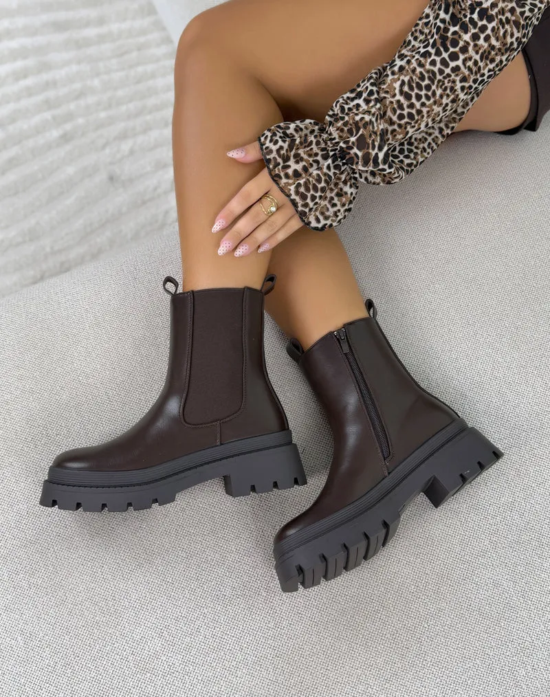 Bottines femme marron tendance style Chelsea à plateforme crantée et talon épais