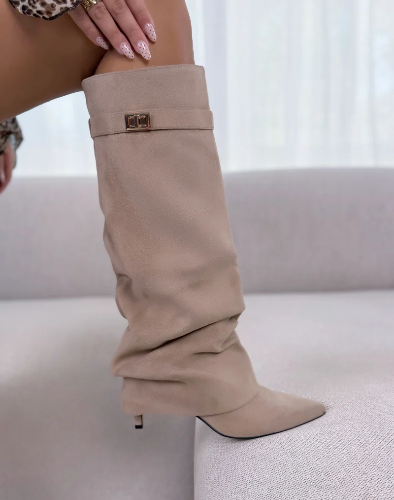 Bottes femme kaki élégantes en suédine à revers et détail doré