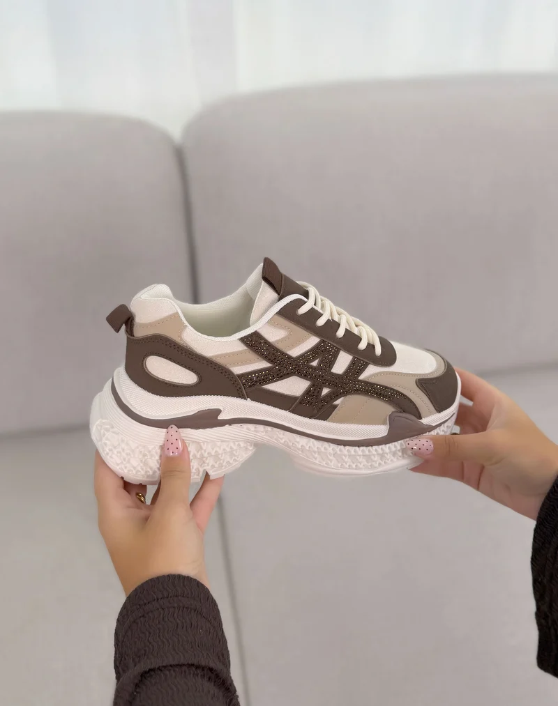Baskets femme beige et marron tendance à strass et semelle plateforme