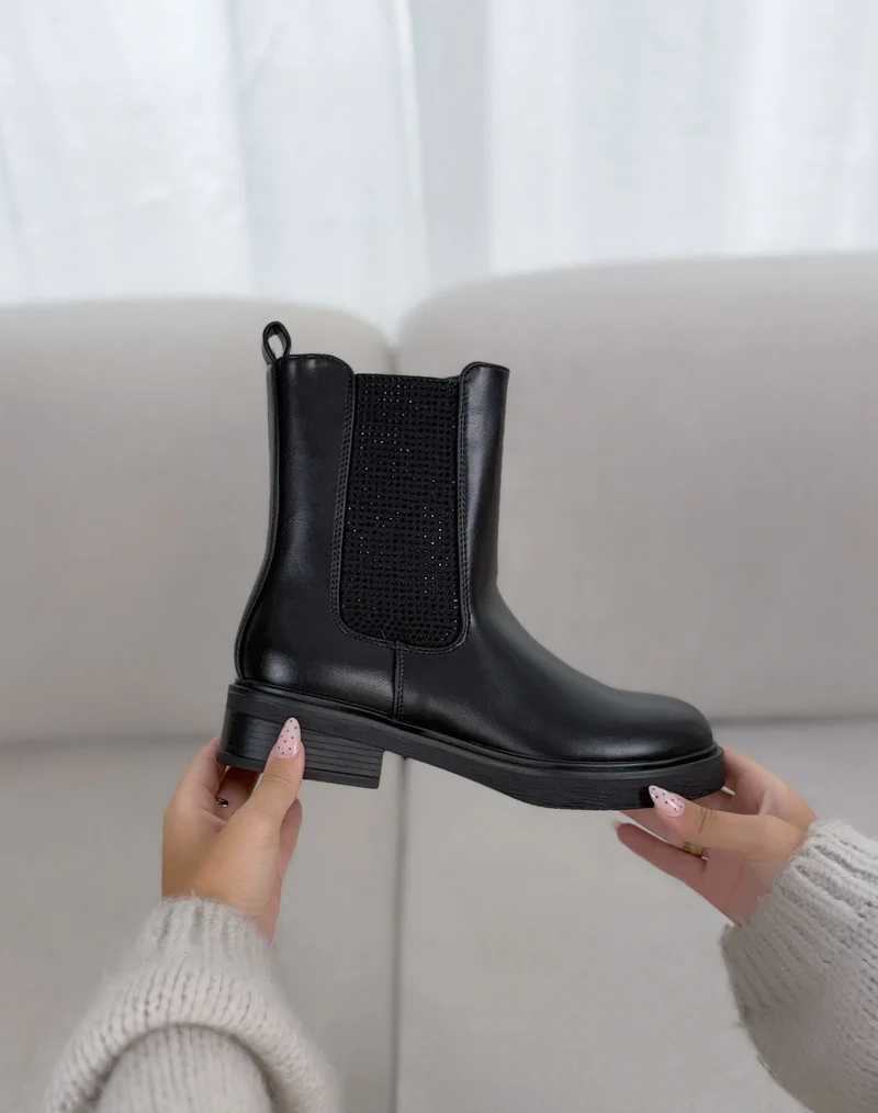 Bottines femme noires tendance style Chelsea avec élastique à strass