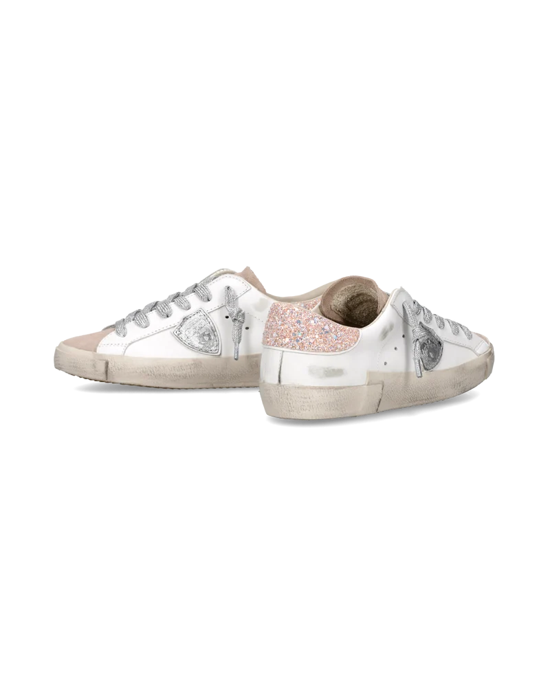 Sneakers Prsx Women with Glitter heel tab, White Pink Silver