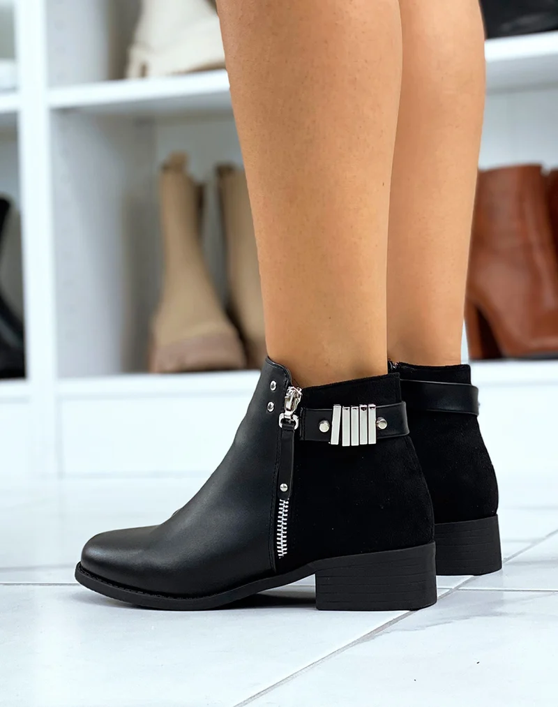 Bottines noires plates fermeture éclaire décorative