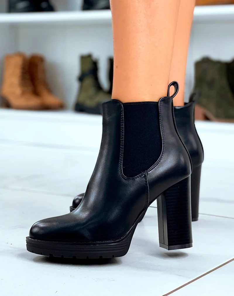 Bottines à talons épais noires bi-matière