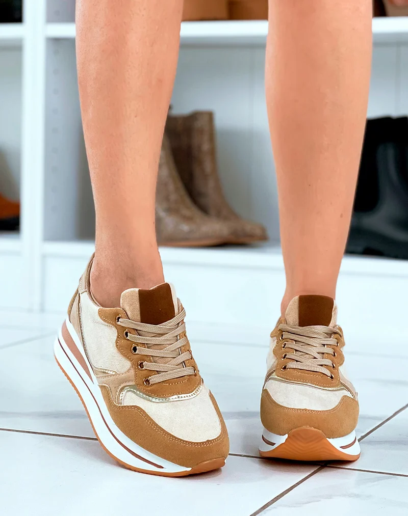 Baskets femme beige talonnade & empiècements 3D
