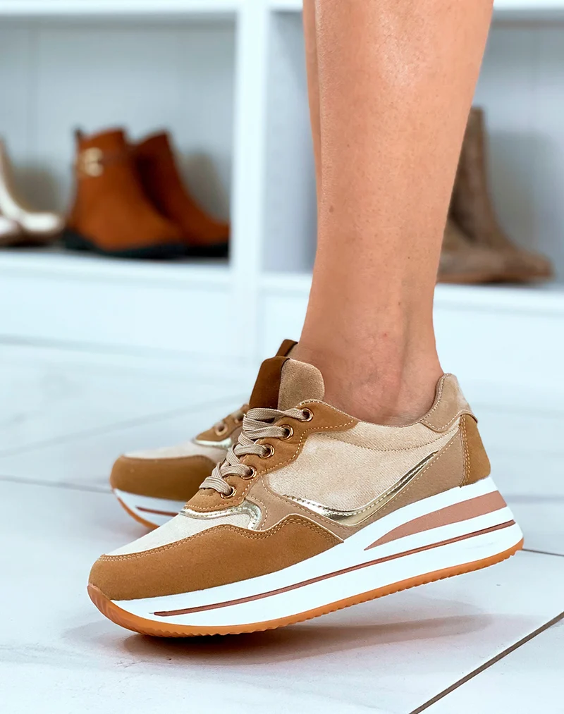Baskets femme beige talonnade & empiècements 3D