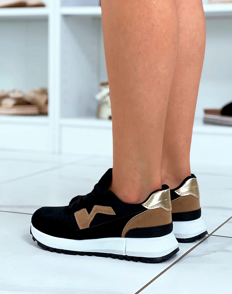 Baskets noires et marrons avec empiècement doré