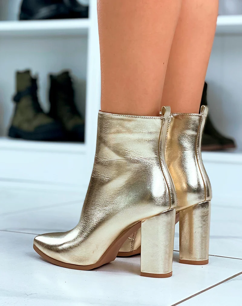 BOTTINES FEMME DORÉE À TALON À BOUT POINTU