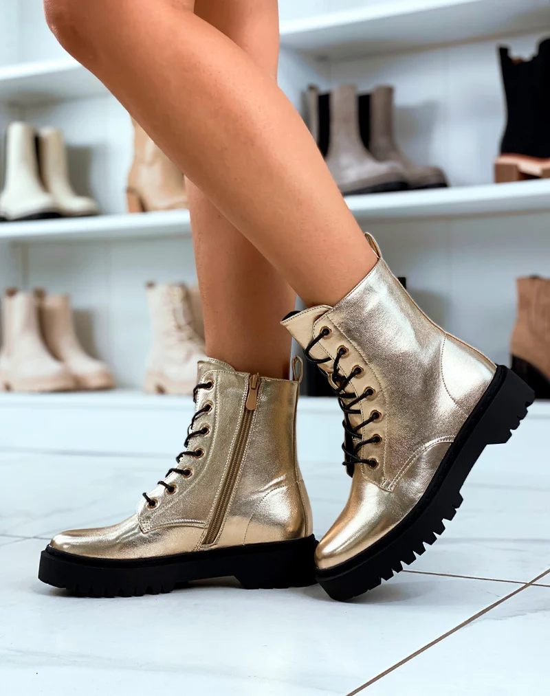 Bottines Éclat Doré à Lacets et Semelle Crantée pour Femme