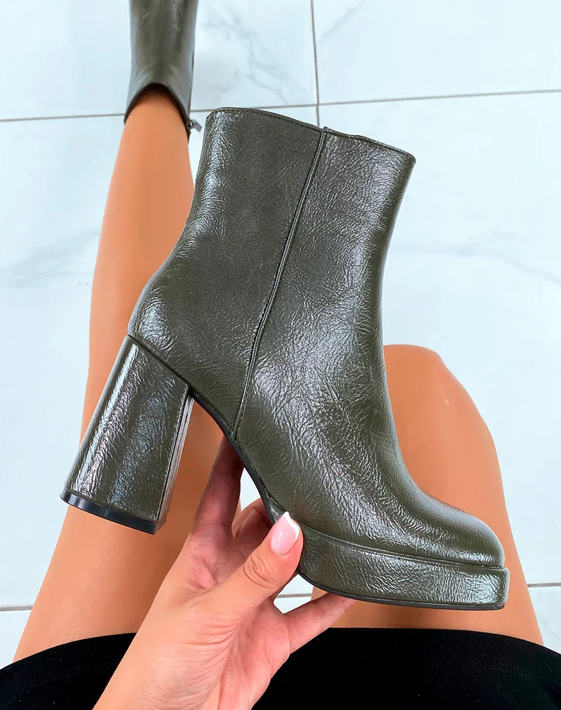Bottines Kaki à Talon Épais avec Effet Brillant