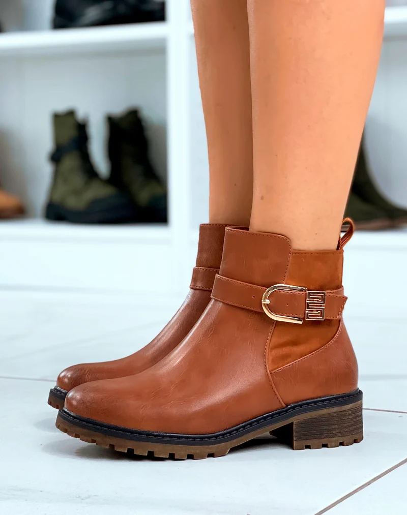 Bottines camel bi-matière avec une touche de doré
