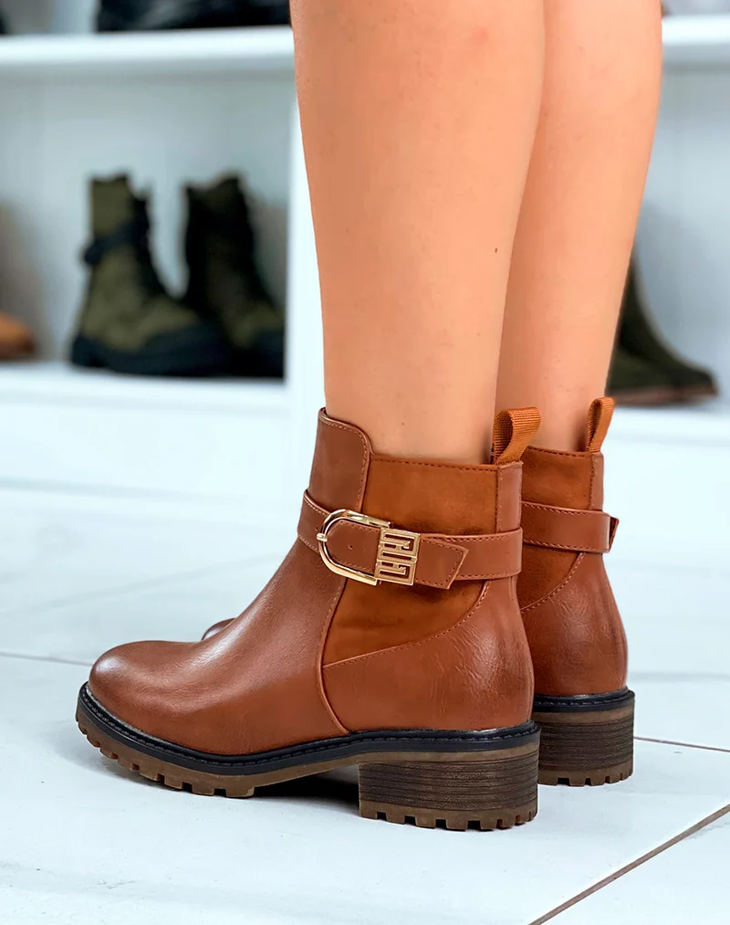 Bottines camel bi-matière avec une touche de doré