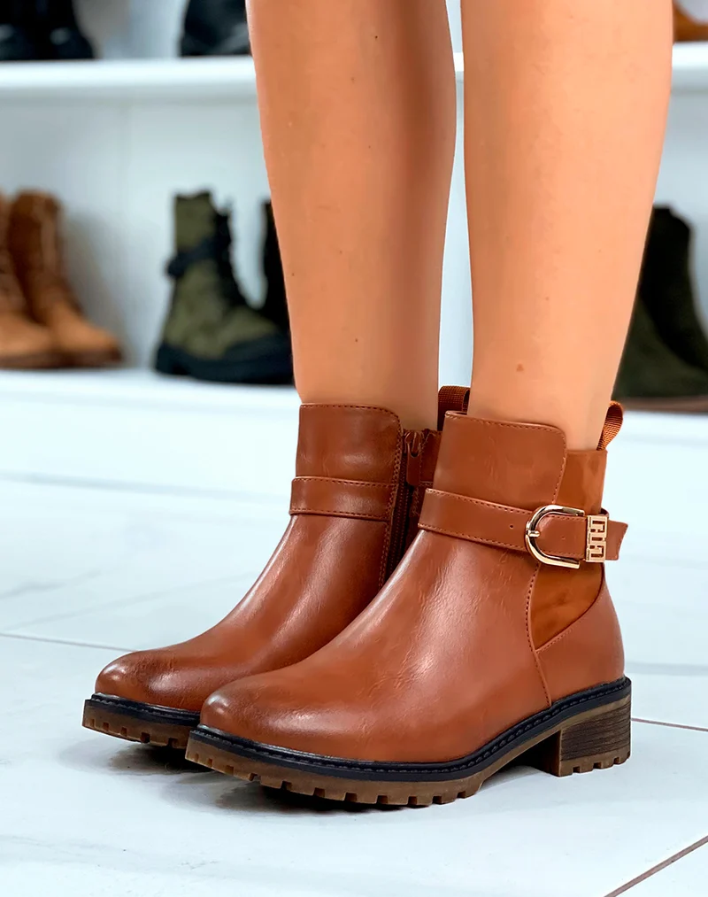 Bottines camel bi-matière avec une touche de doré