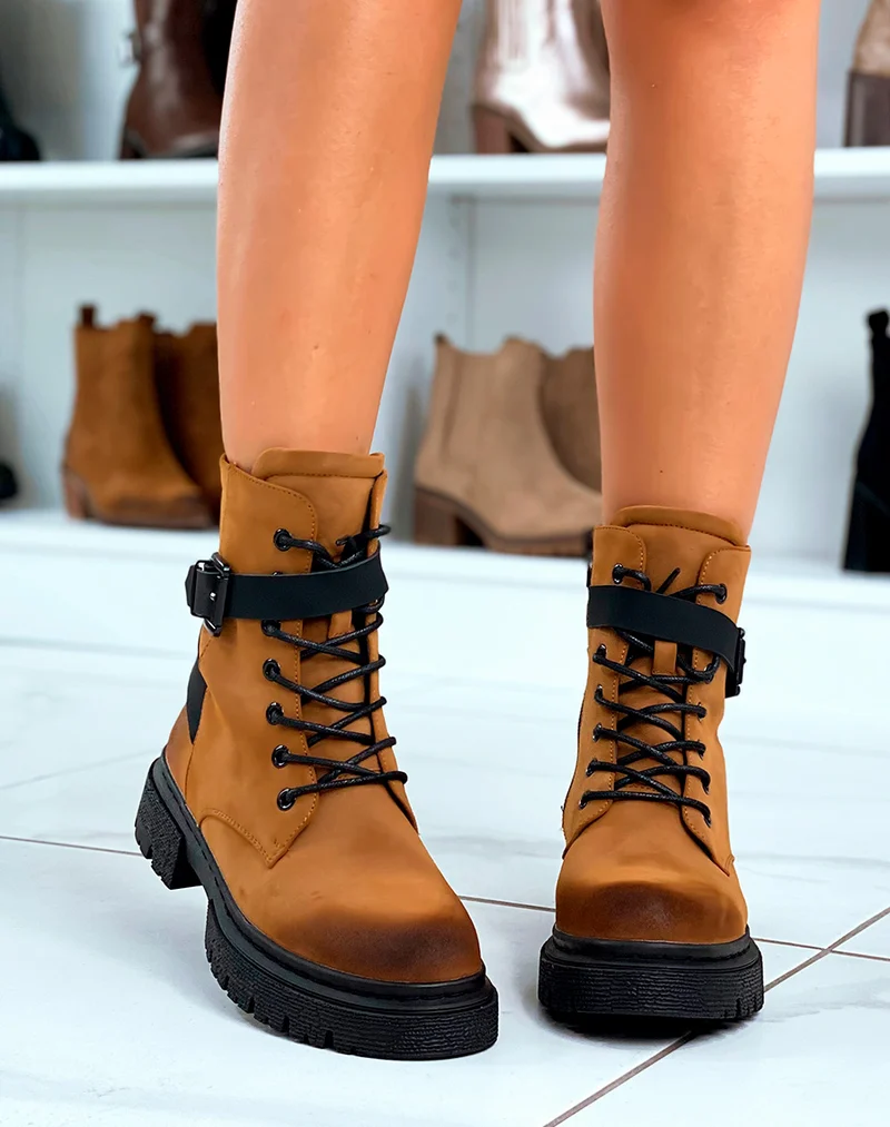 Bottines Camel à Lacet avec Brides Ajustables pour Femmes
