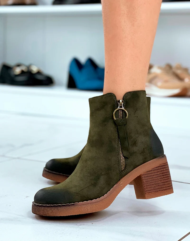 Bottines Femme Vert Subtiles : Effet Daim & Zip