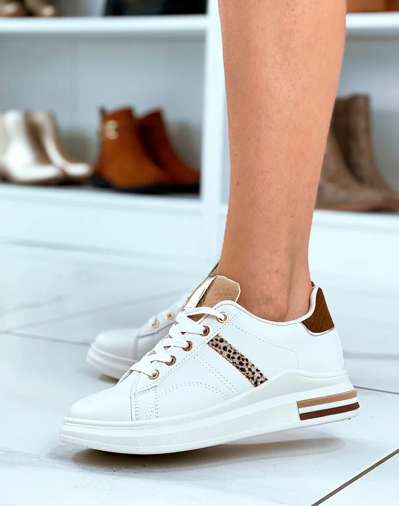 Baskets femme blanches détails léopard kaki
