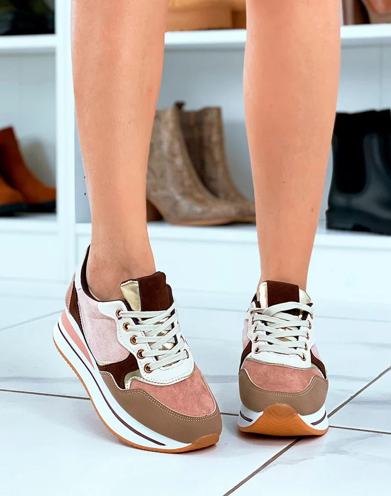 Baskets femme roses talonnade & empiècements 3D