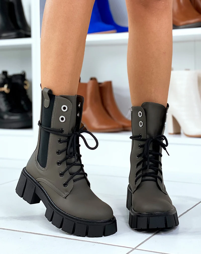 Bottines Kaki montantes à lacet et à zip et à détails strass
