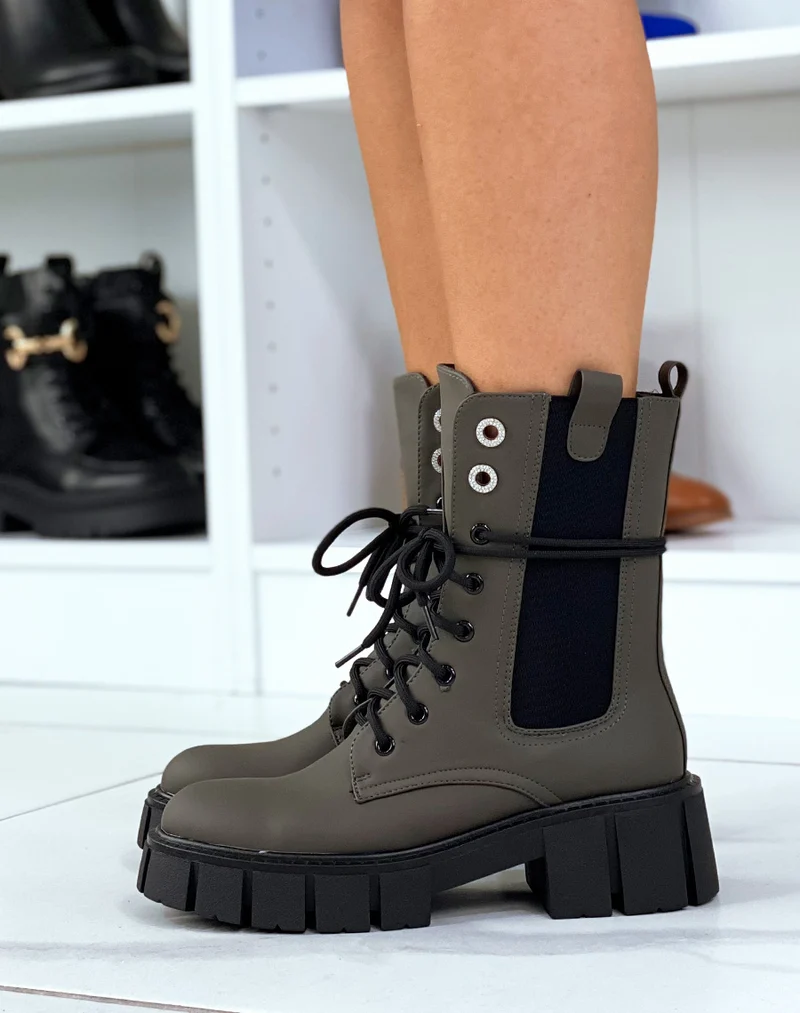 Bottines Kaki montantes à lacet et à zip et à détails strass