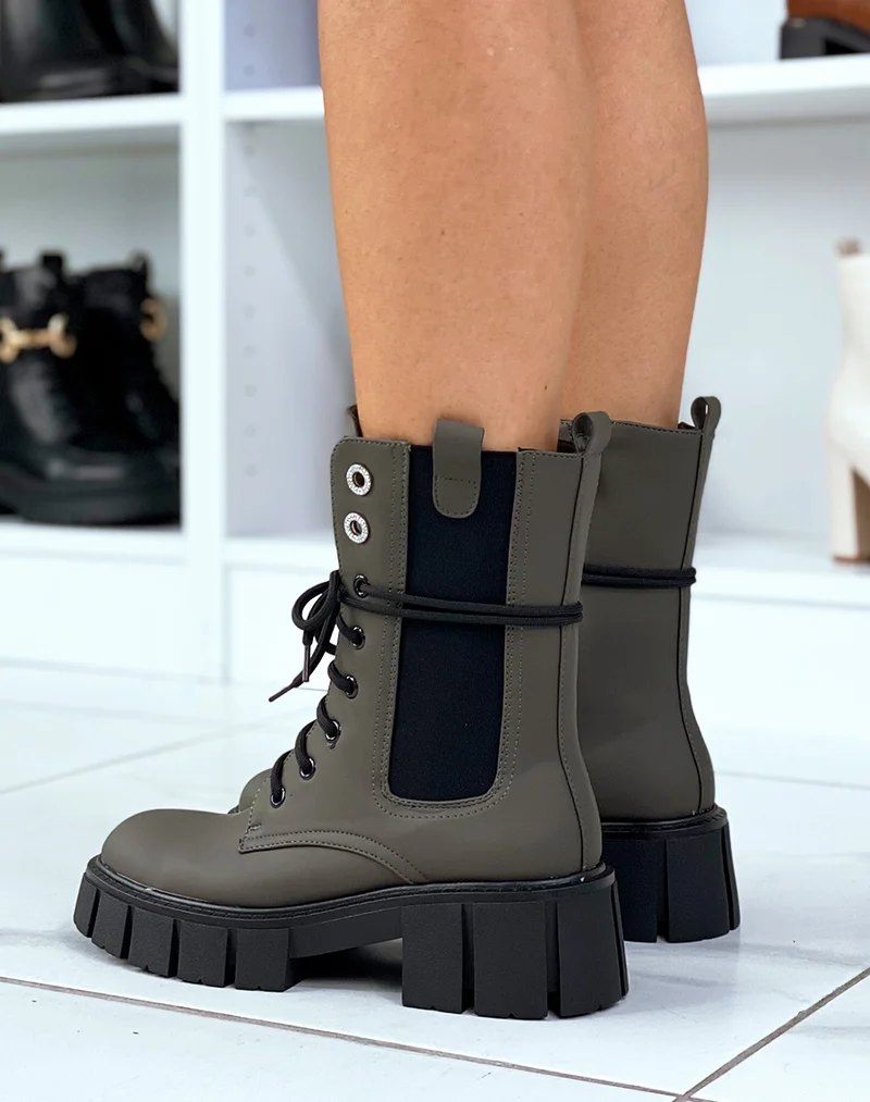 Bottines Kaki montantes à lacet et à zip et à détails strass