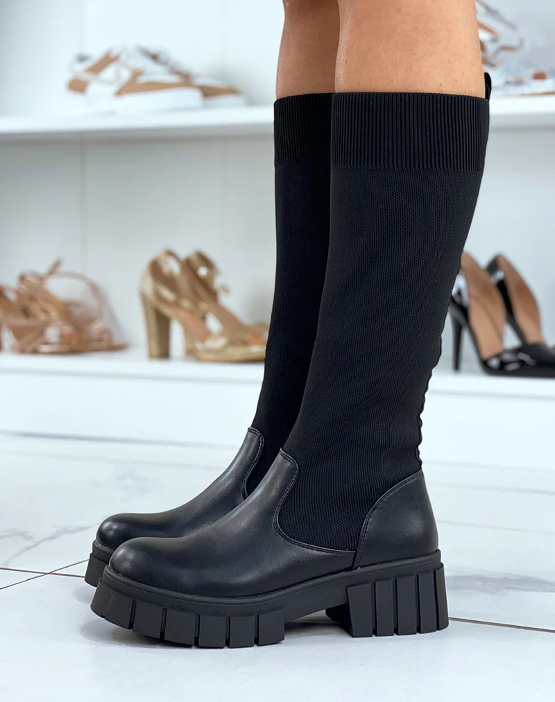 Bottes noires effet chaussette à semelle crantée