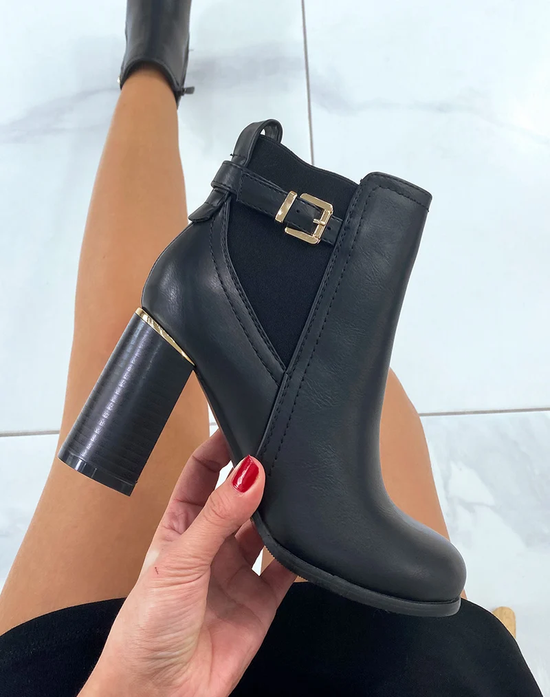 Bottines noires bi-matière à talon et à détail doré