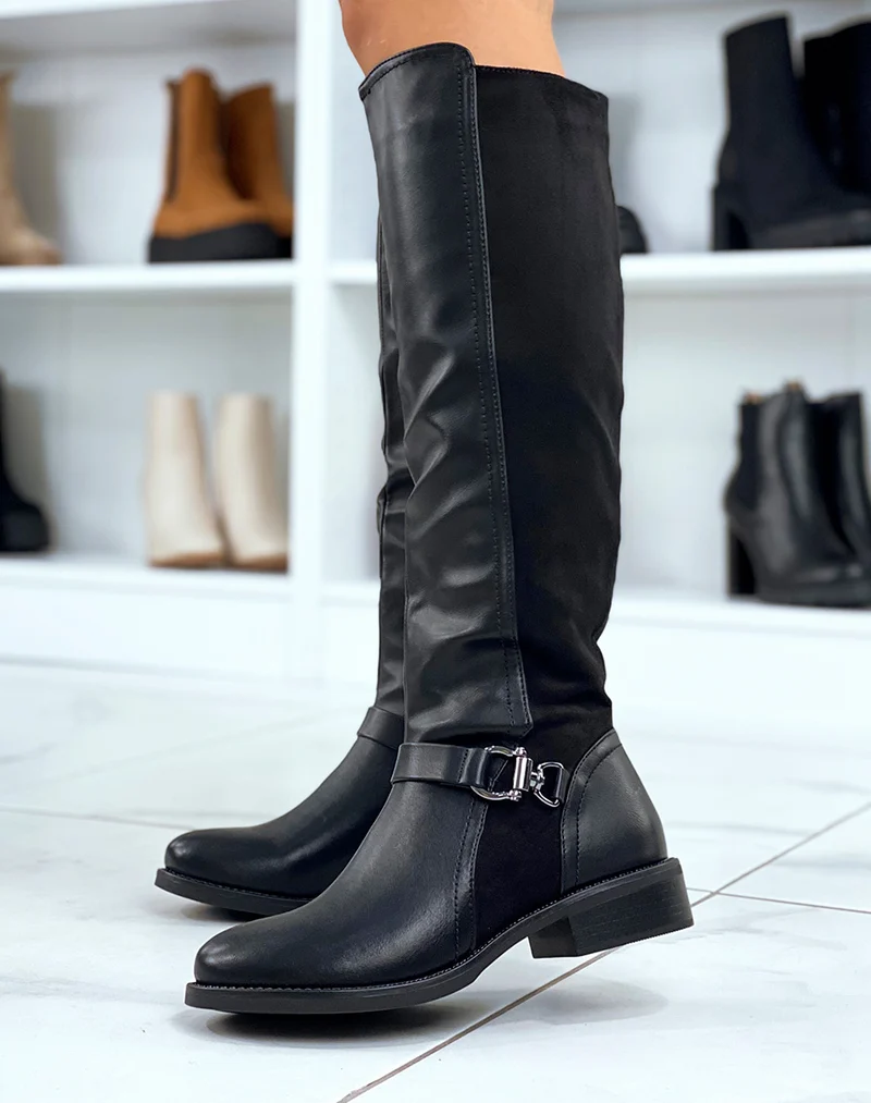 Bottes noires en suédine bi-matière avec boucle argentée