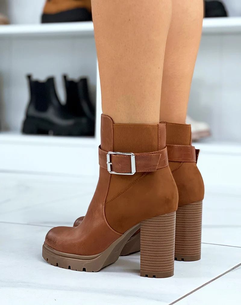 Bottines camel à talon cranté et élastique