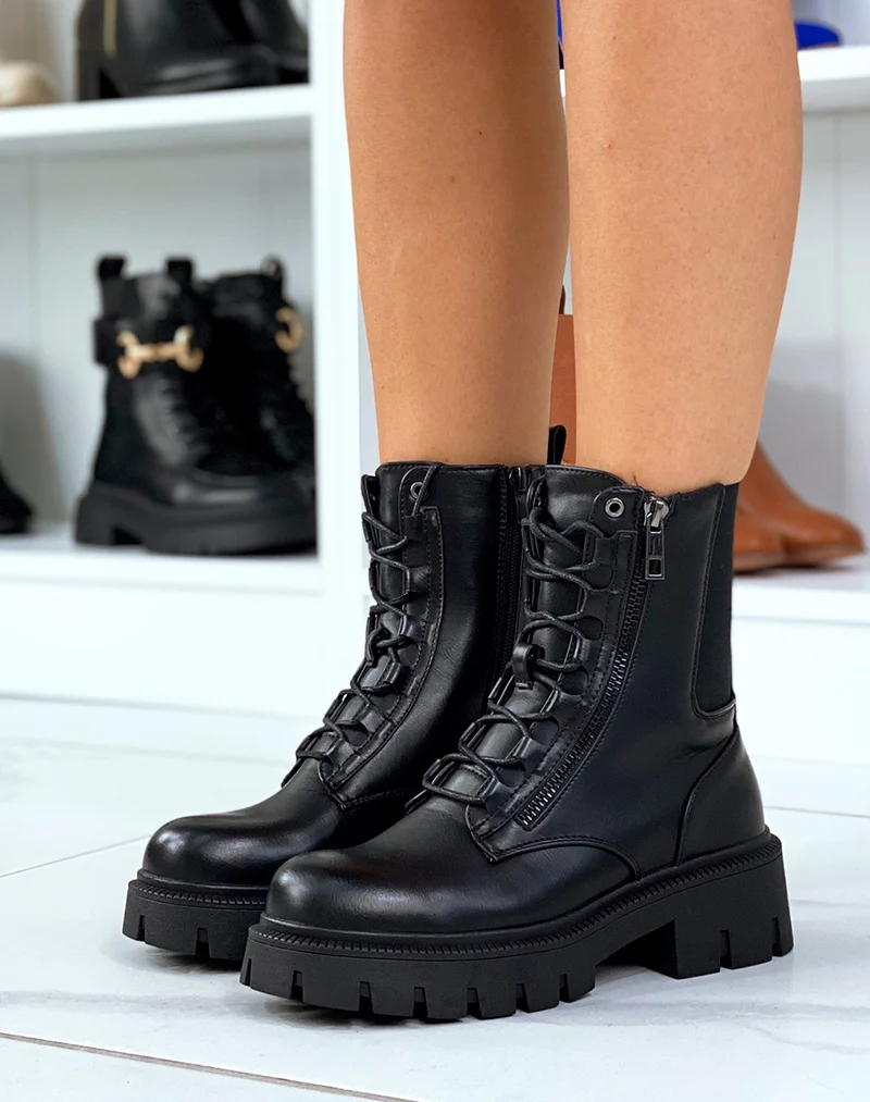 Bottines noires montantes à lacet et à zip