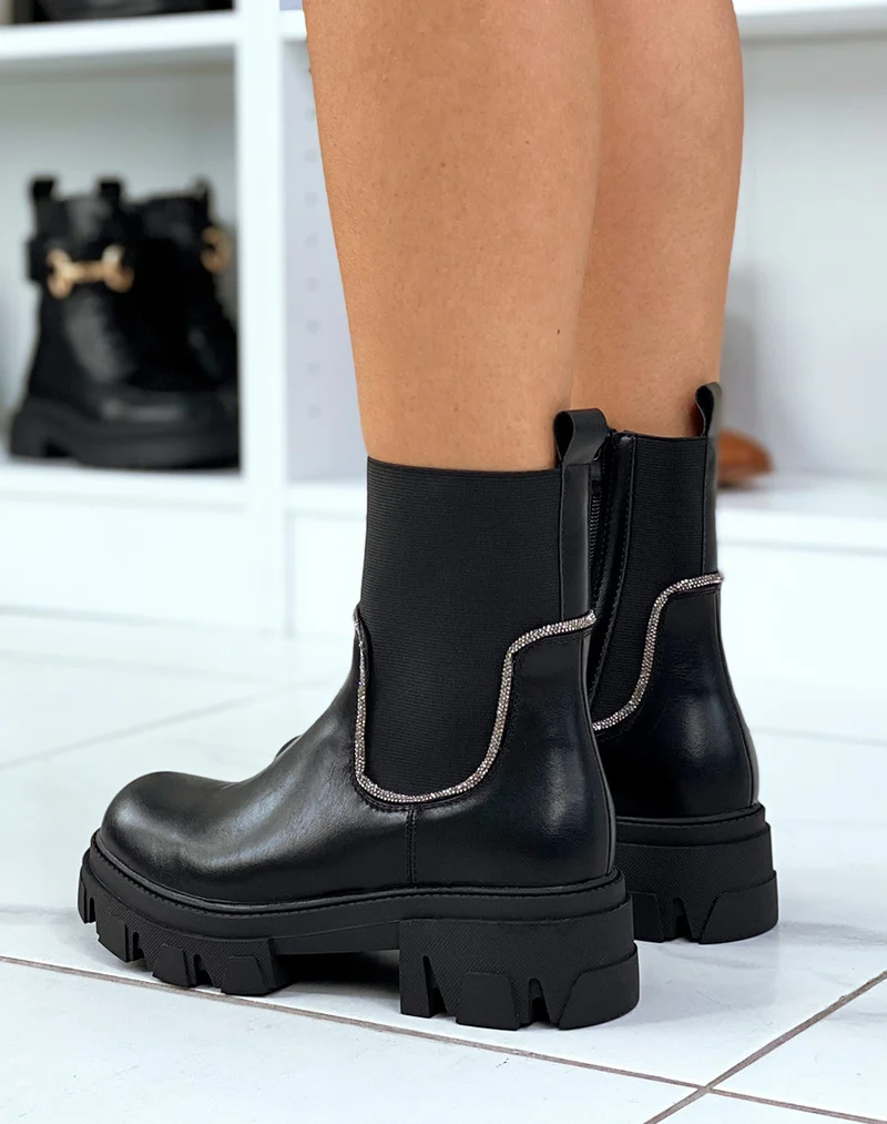 Bottines noires à élastique à couture à strass argentés