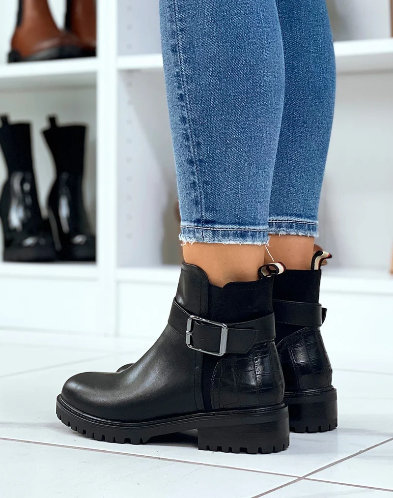 Bottines noires avec élastique échancré et effet croco