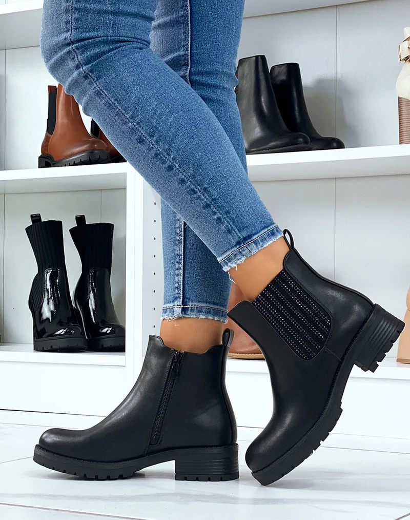 Chelsea boots noires à élastique à strass