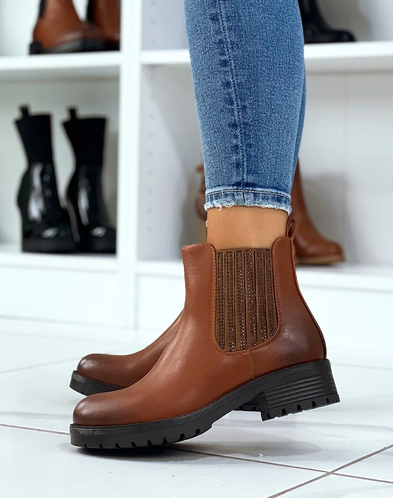 Chelsea boots camel à élastique à strass