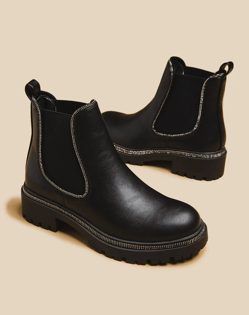 Chelsea boots noires à liserés à strass argentés