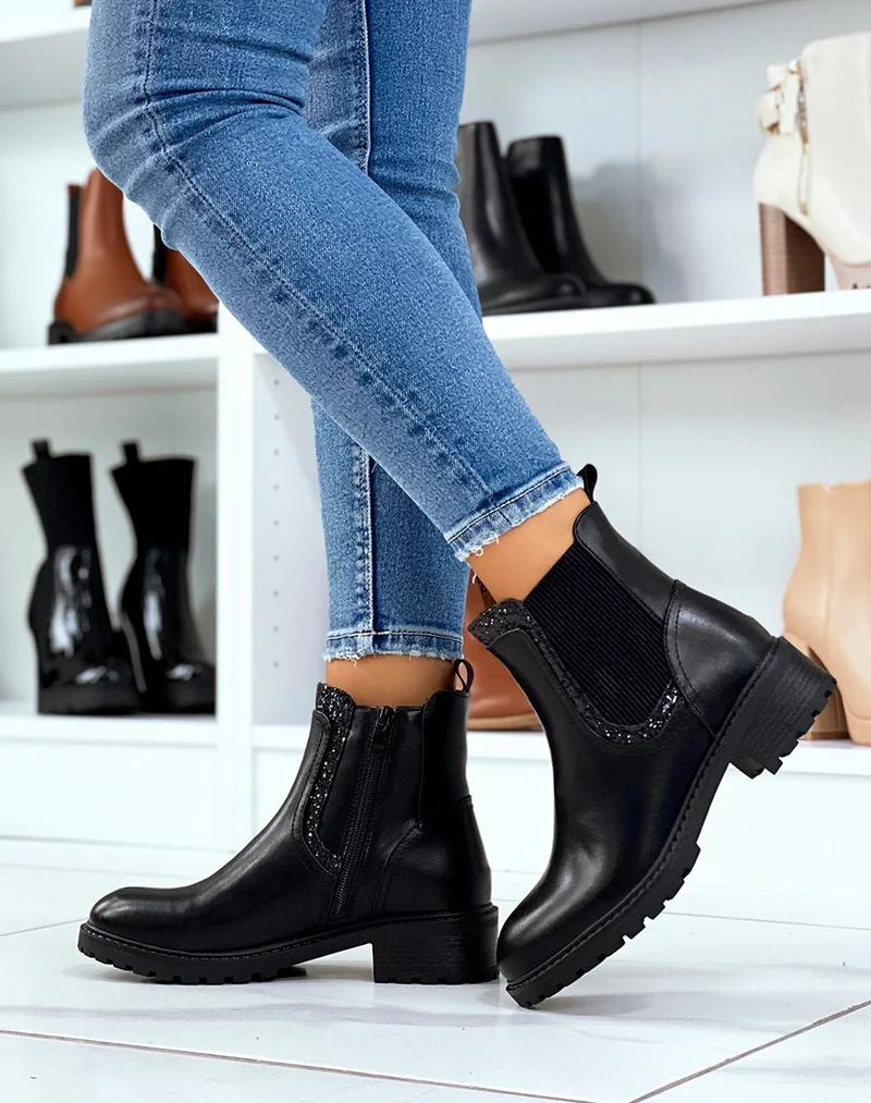 Bottines noires inspiration chelsea à empiècement pailleté