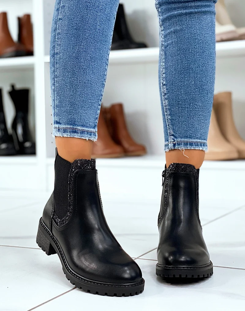Bottines noires inspiration chelsea à empiècement pailleté