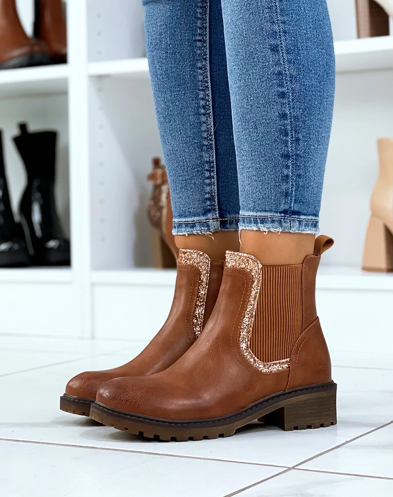 Bottines camel inspiration chelsea à empiècement pailleté