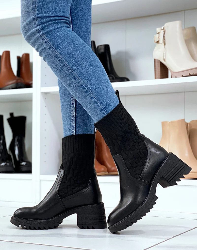 Bottines noires effet chaussette à talon épais à semelle crantée