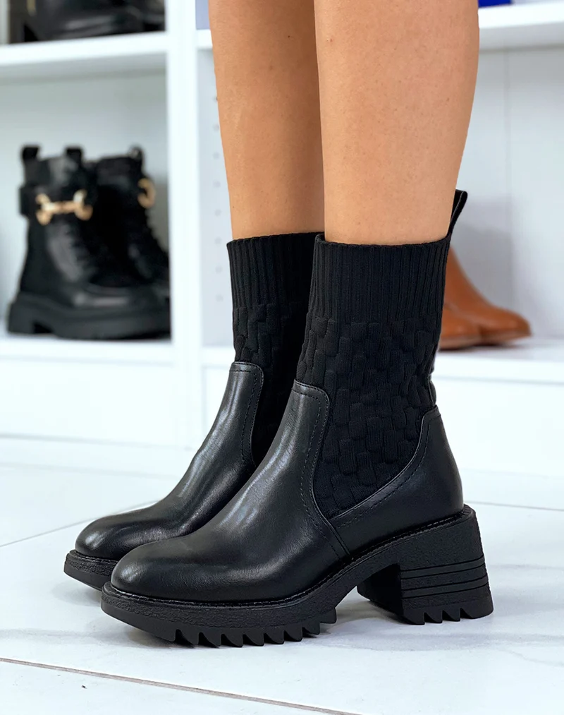 Bottines noires effet chaussette à talon épais à semelle crantée