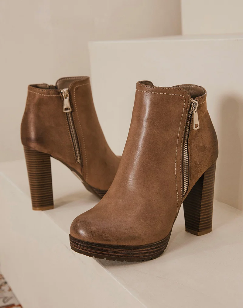 Bottines à talon taupe bi-matière