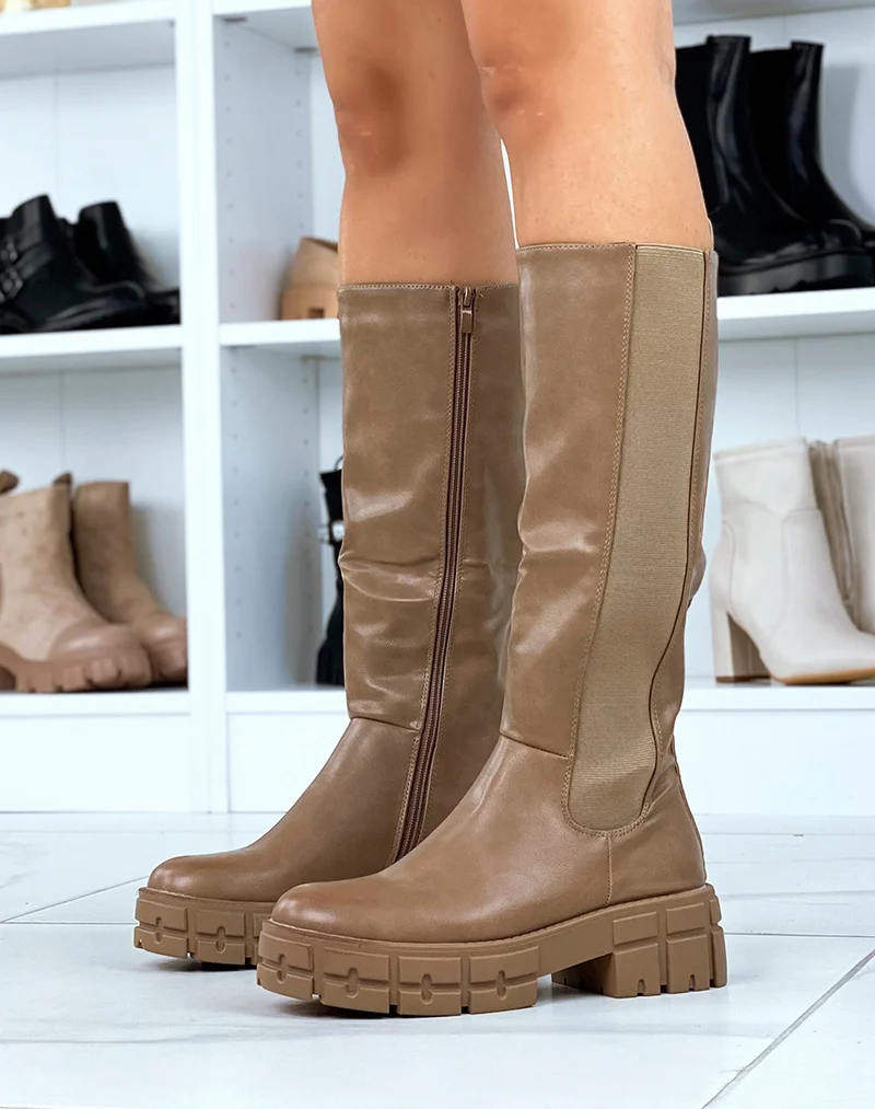 Bottes hautes taupe à plateforme épaisse