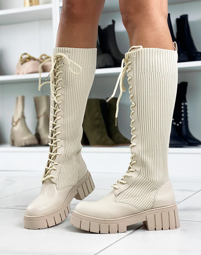 Bottes beiges effet chaussette à lacets