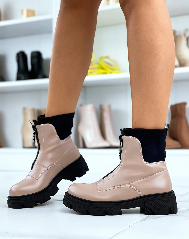 Bottines beiges gommées effet chaussette