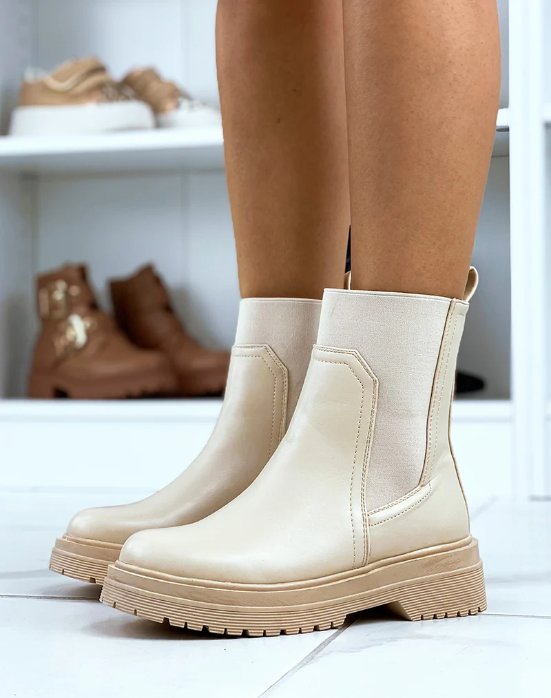 Bottines beiges à empiècements et élastiques