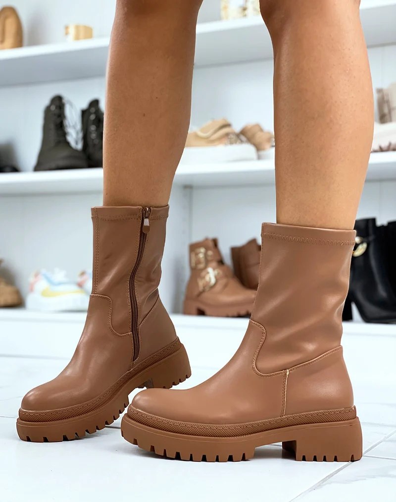Bottines camel effet chaussette en similicuir