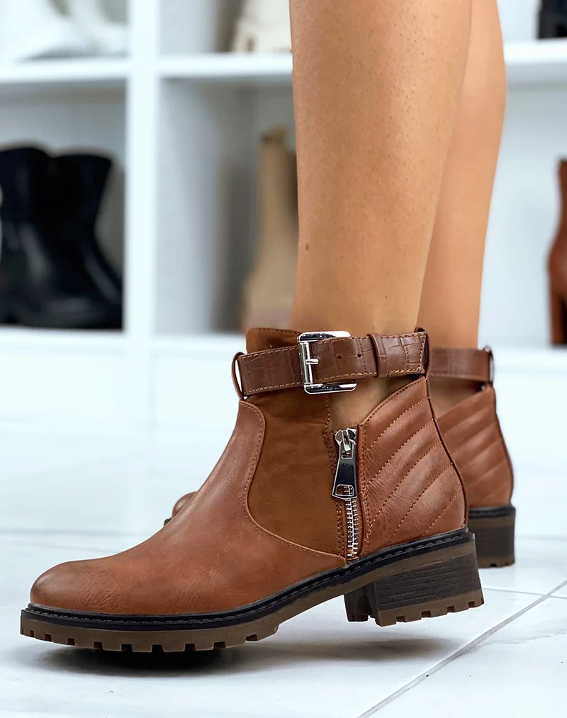 Bottines basses camel zipées à lanières