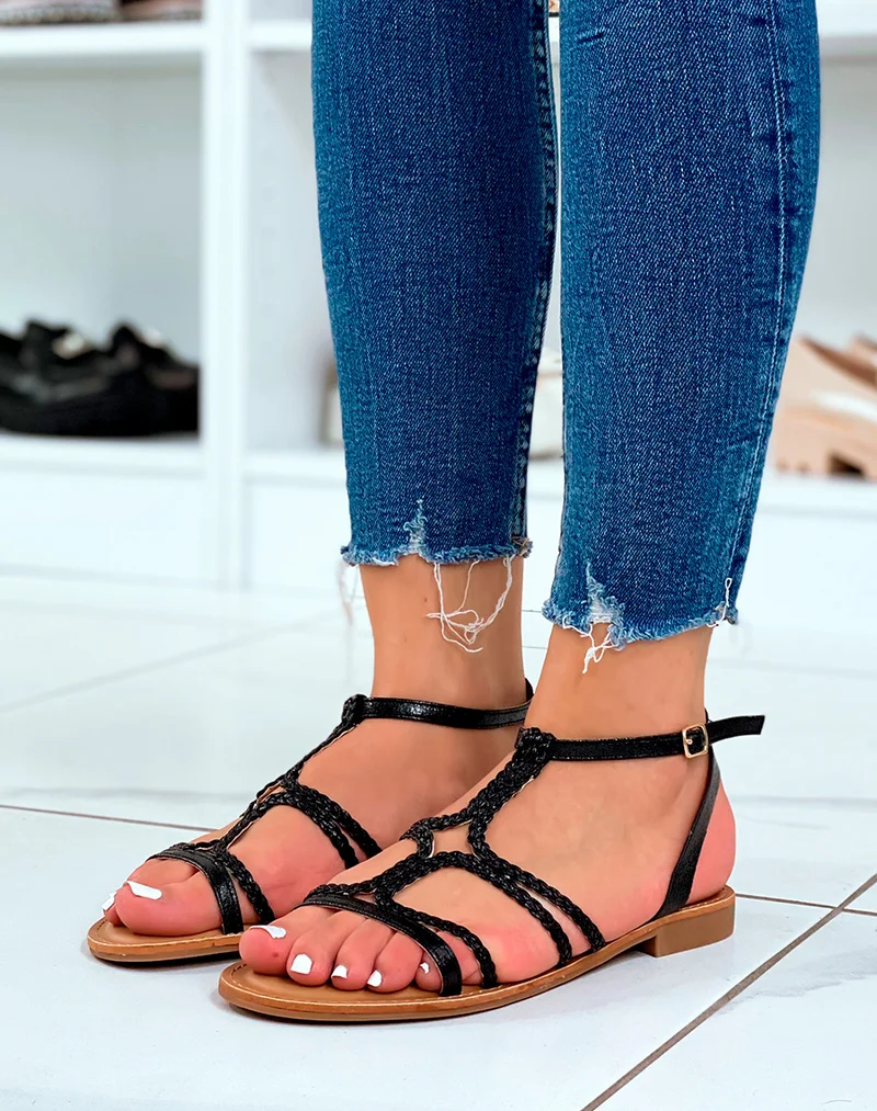Nu-pieds noirs à multiples brides tressées