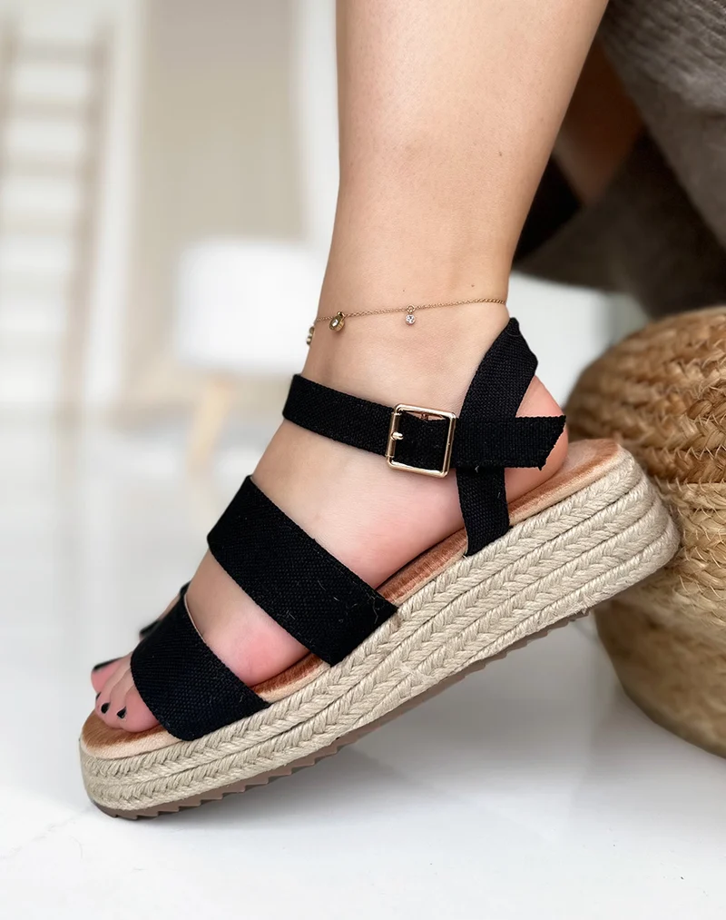 Sandales plates noires à doubles sangles en toile avec plateforme en jute