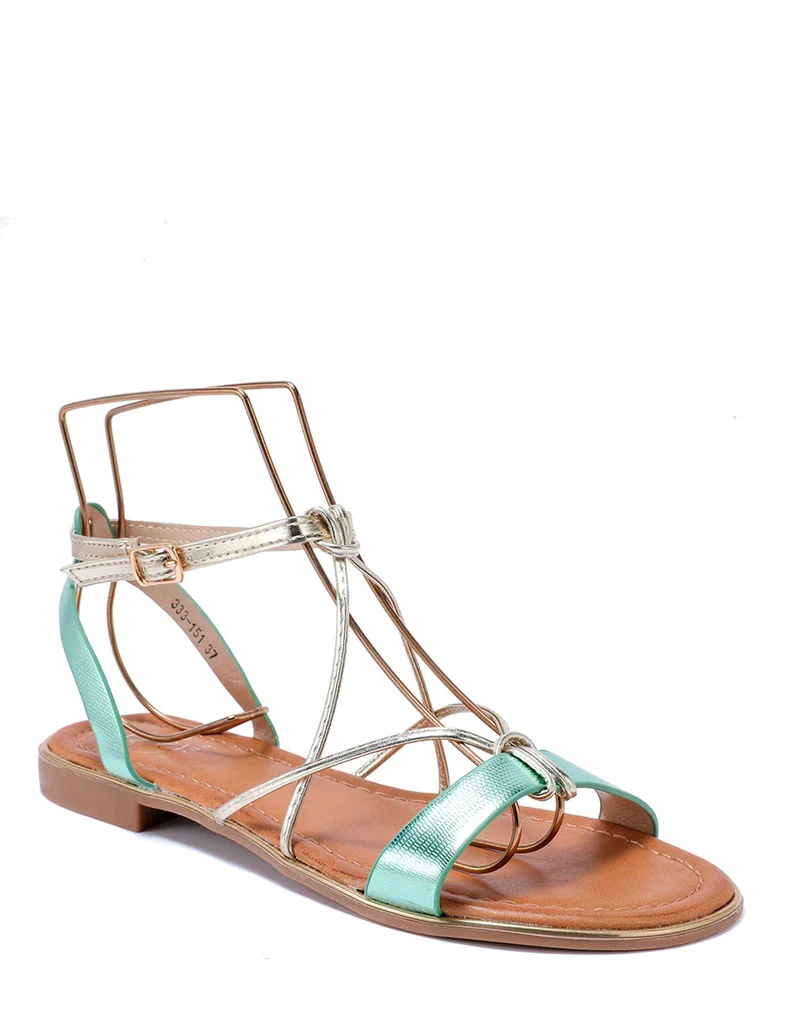 Nu-pieds à lanières vertes et dorées